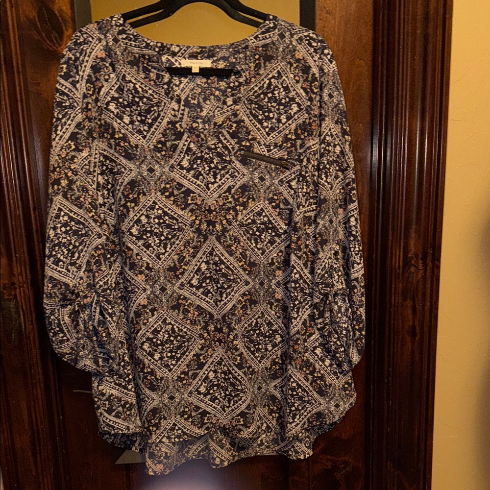 Maurices Navy Blue Printed Long Sleeve Blouse